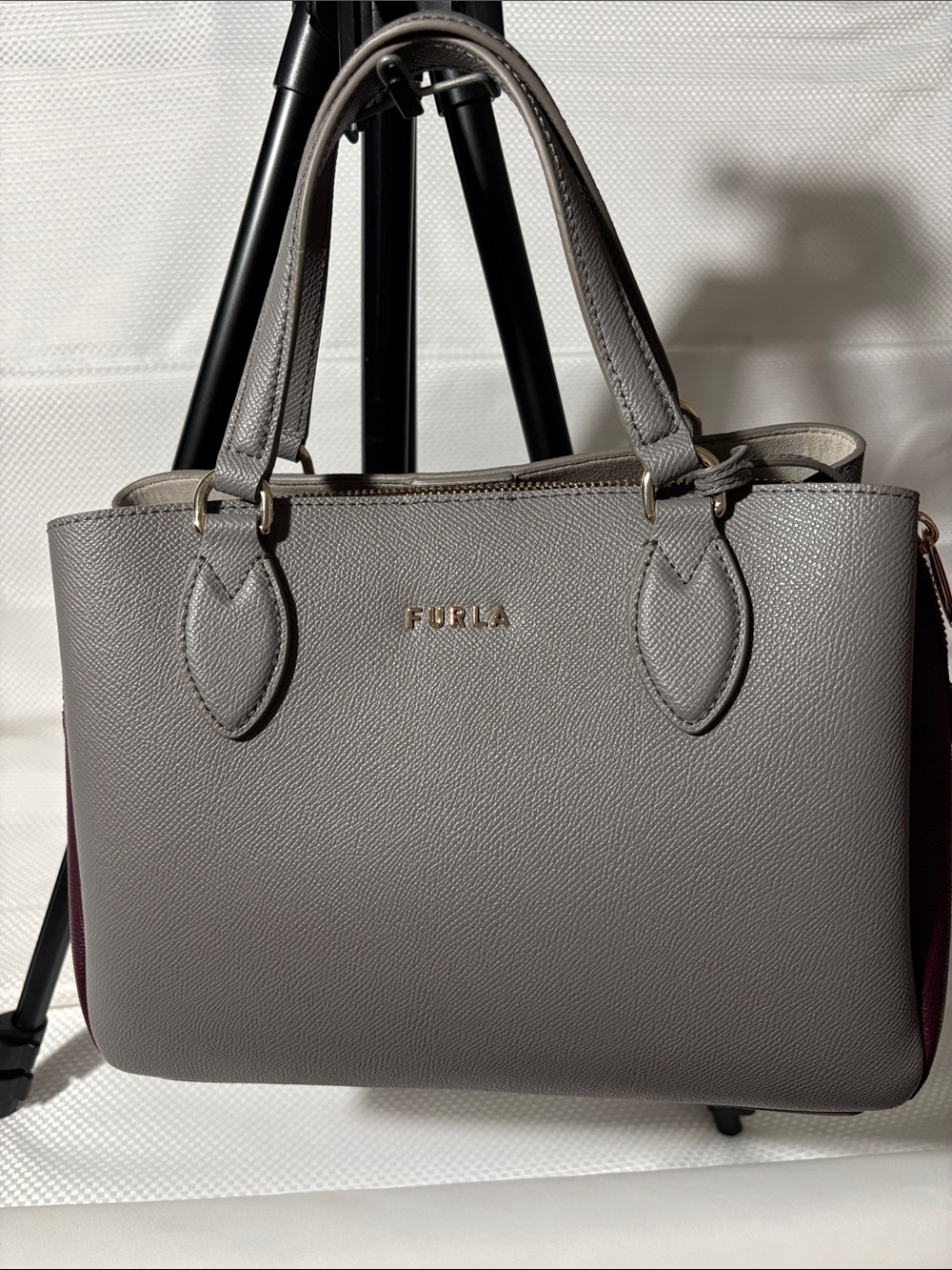Furla Taupe Saffiano Leather Satchel with Gold Logo